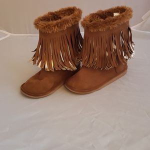 Brown and gold fringe boots